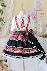 Ensemble de jupe Lolita douce avec nœud à volants imprimé multicouche 3 couleurs